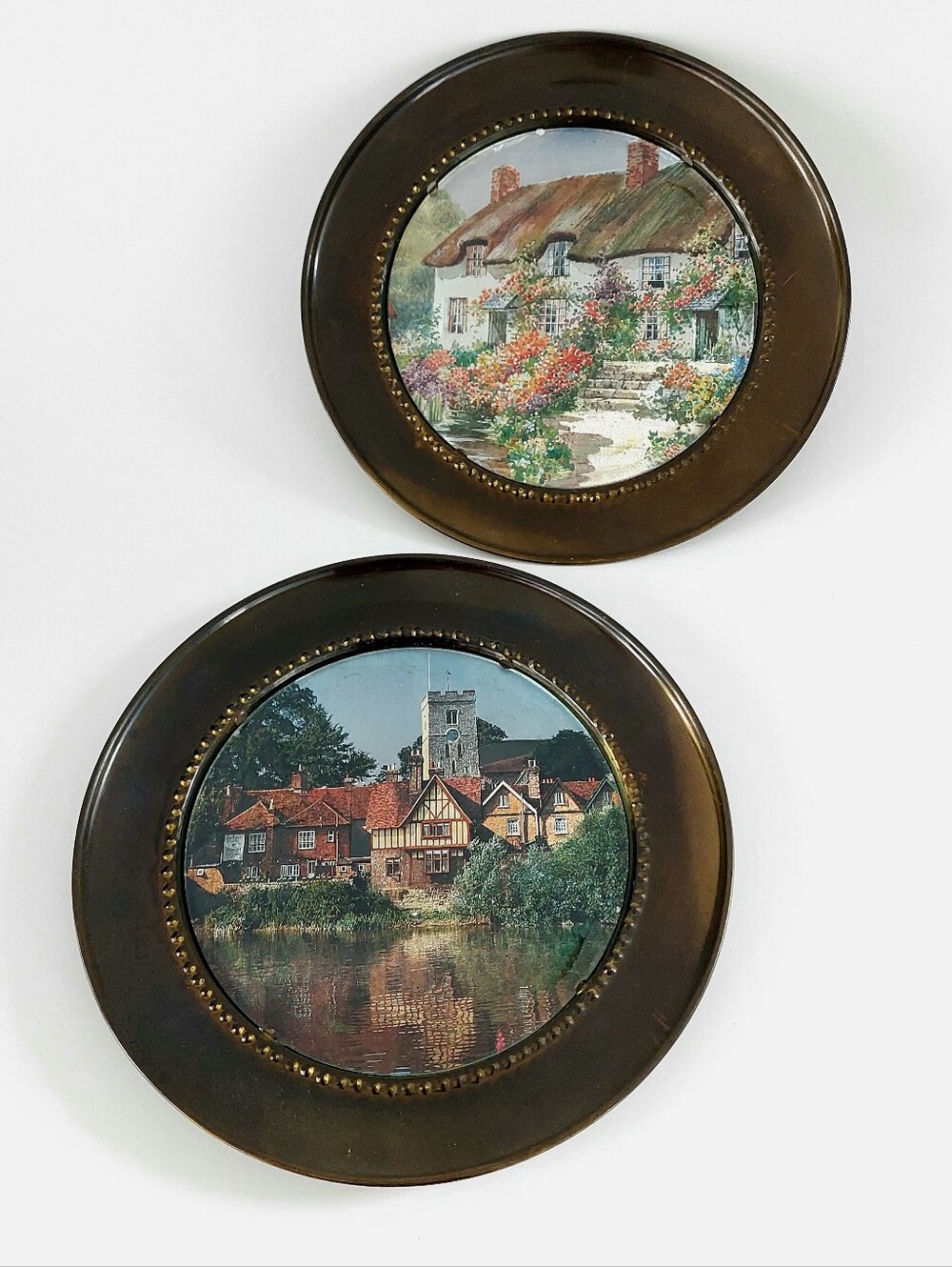 Vintage English Brass Foil Wall Art Plaques 7.25" Set of 2 Cottage Aylesford